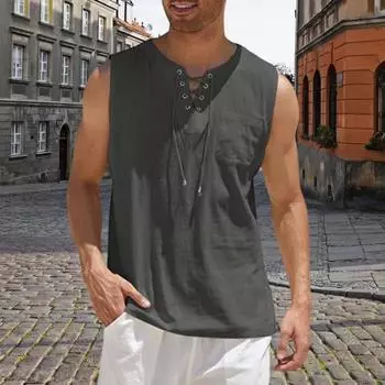 Мужская футболка без рукавов со шнуровкой, V-образным вырезом, свободная блузка с нагрудным карманом, однотонный повседневный летний топ для повседневной носки, походов в спортзал и путешествий L светло-серый