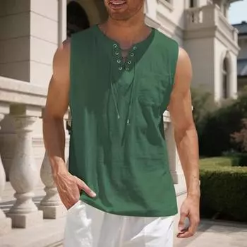 Мужская футболка без рукавов со шнуровкой, V-образным вырезом, свободная блузка с нагрудным карманом, однотонный повседневный летний топ для повседневной носки, походов в спортзал и путешествий M
