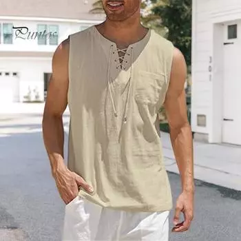 Мужская футболка без рукавов со шнуровкой, V-образным вырезом, свободная блузка с нагрудным карманом, однотонный повседневный летний топ для повседневной носки, походов в спортзал и путешествий XL темно-серого