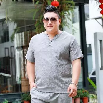 Мужская футболка больших размеров из хлопка и льна с короткими рукавами, дышащая крутая тонкая рубашка Fat Man Fat Body Shirt 2XL