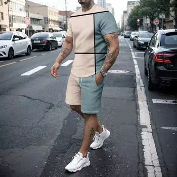 Мужская футболка больших размеров с 3D-линиями и шортами, летний комплект, уличный крутой комплект из двух предметов, подходящий для крупных и высоких мужчин, S-5XL S
