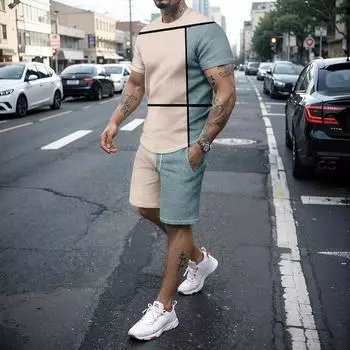Мужская футболка больших размеров с 3D-линиями и шортами, летний комплект, уличный крутой комплект из двух предметов, подходящий для крупных и высоких мужчин, S-5XL S