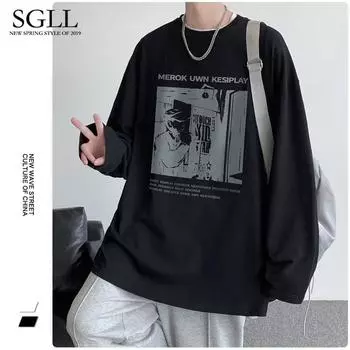 Мужская футболка больших размеров с длинным рукавом, осенняя свободная внутренняя одежда для отдыха, нижняя рубашка, весенне-осенняя модная брендовая осенне-зимняя одежда 2XL чёрный