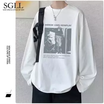 Мужская футболка больших размеров с длинным рукавом, осенняя свободная внутренняя одежда для отдыха, нижняя рубашка, весенне-осенняя модная брендовая осенне-зимняя одежда L белый