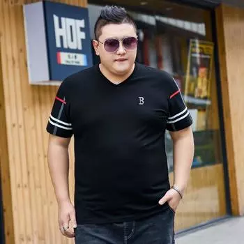 Мужская футболка больших размеров с v-образным вырезом и короткими рукавами Fat People, хлопковая эластичная рубашка из ледяной ткани, топы 2XL чёрный