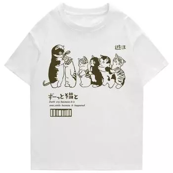 Мужская футболка большого размера Harajuku Shower Cat Print T-shirt 2023 Летняя модная повседневная хлопковая футболка с коротким рукавом для мужчин S бежевый