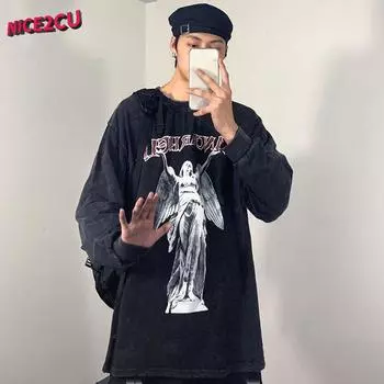 Мужская футболка большого размера с длинным рукавом Harajuku и уличной одеждой с принтом, повседневная винтажная свободная футболка в стиле хип-хоп для пар M чёрный