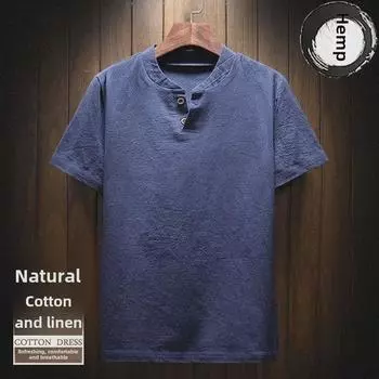Мужская футболка большого размера свободного кроя из хлопка и льна с коротким рукавом 2XL (125 kg) серый/синий