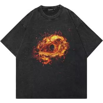 Мужская футболка черного цвета с эффектом стирки, уличная одежда, футболка с графическим принтом пылающего глаза, унисекс S