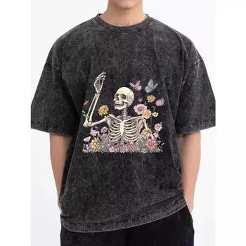Мужская футболка Comfort Fit в винтажном стиле из 100% хлопка с графическим изображением цветочного скелета, повседневная с круглым вырезом S