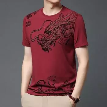 Мужская футболка для фитнеса с принтом дракона и круглым вырезом, свободные короткие рукава, бесшовный, тонкий, эластичный, мягкий, дышащий, быстросохнущий пуловер, повседневный 4XL красный