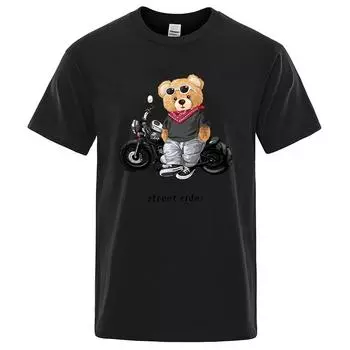 Мужская футболка для любителей мотоциклов Street Teddy Rider с принтом, свободная повседневная дышащая футболка с короткими рукавами, хлопковая одежда S чёрный