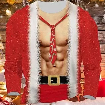 Мужская футболка Футболка Санта-Клаус Графический принт Круглый вырез 3D Принт Уличная рождественская одежда с длинным рукавом Принт Дизайнерская одежда Базовая повседневная S