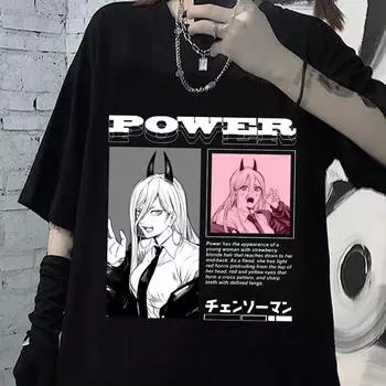 Harajuku Chainsaw Man Power Футболка Мужская с коротким рукавом Чистая футболка Досуг Горячая Аниме Манга Футболка Топы Уличная одежда Футболки S чёрный