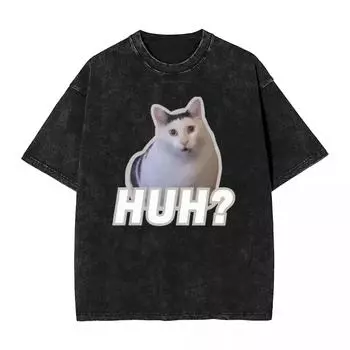Мужская футболка Huh Cat Meme Выстиранные футболки Хипстер Смешное животное Летние футболки Y2K Классические хлопковые топы Дропшиппинг S