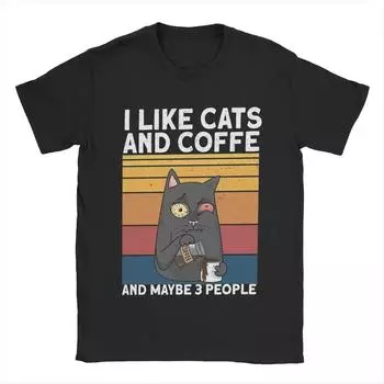 Мужская футболка I Like Cats And Coffee, винтажные футболки с коротким рукавом и круглым вырезом, хлопковая оригинальная одежда S чёрный