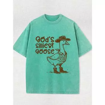 Мужская футболка из 100% хлопка с эффектом ретро-стирки – Смешной графический принт Божий глупый гусь , Короткий рукав, Дышащая для лета S