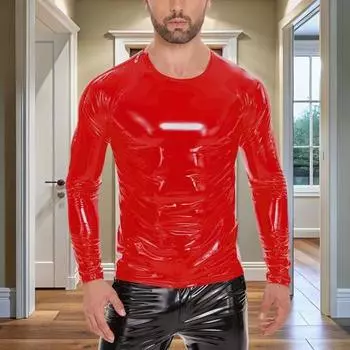Мужская футболка из блестящей искусственной кожи с металлическим эффектом и длинным рукавом, застежка-молния на плече M красный