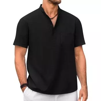 Мужская футболка из хлопка и льна, хенли, повседневная, однотонная, с коротким рукавом, легкая, дышащая, для отпуска, пляжного стиля S чёрный