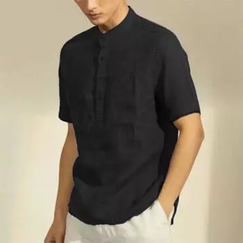 Мужская футболка из хлопка и льна с вырезом хенли, повседневная, с коротким рукавом, футболки, отпускной пляжный стиль, однотонная, легкая, дышащая, топы S чёрный
