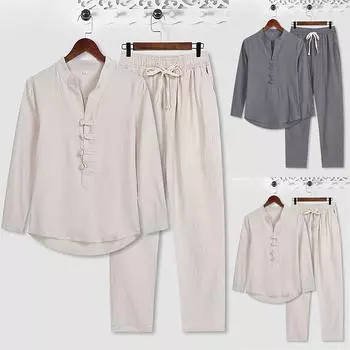 Мужская футболка из хлопка и льна в стиле ретро с длинными рукавами, верх, свободные брюки, костюм из двух предметов