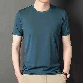 Мужская футболка из ледяного шелка и хлопка с короткими рукавами, впитывающая пот, мужская однотонная свободная повседневная футболка с половиной рукавов с нашивкой