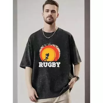 Мужская футболка из плотного 100% хлопка с графикой регби - Уличная футболка оверсайз со спущенным плечом и винтажной стиркой S