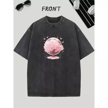 Мужская футболка из плотного хлопка с графическим принтом - Свободная посадка, приспущенное плечо, уличная футболка с изображением Земли и цветущей сакуры S