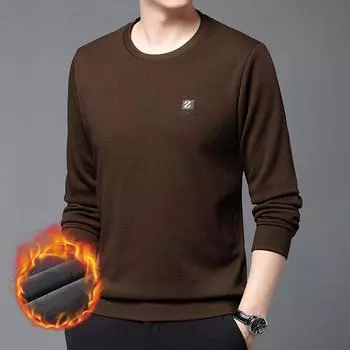 Мужская футболка из прохладного шелка, хлопка, жаккарда и бархата, с длинными рукавами, с круглым вырезом, осенне-зимняя одежда для папы, базовая теплая длинная толстовка из бархата M