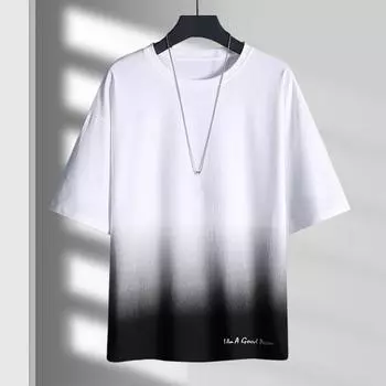 Мужская футболка контрастного градиентного цвета с круглым вырезом и половиной рукавов Свободная повседневная мягкая средней длины L белый/чёрный