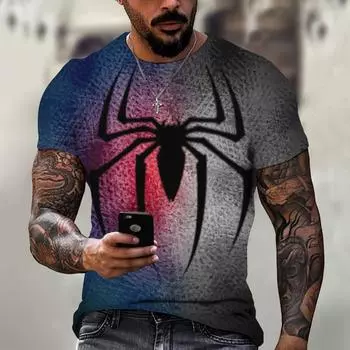 Мужская футболка, летняя красная футболка с 3D принтом паука, мужская крутая футболка с коротким рукавом и круглым вырезом в виде паука, мужская одежда оверсайз S