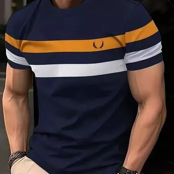 Мужская футболка, модная уличная одежда, летние мужские футболки с короткими рукавами в полоску и принтом, мужская одежда больших размеров, повседневные топы с круглым вырезом S