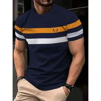 Мужская футболка, модная уличная одежда, летние мужские футболки с короткими рукавами в полоску и принтом, мужская одежда больших размеров, повседневные топы с круглым вырезом 2XS