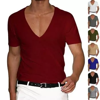 Мужская футболка Мужская однотонная повседневная футболка с коротким рукавом большого размера с v-образным вырезом XXL красный
