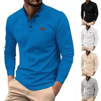 Мужская футболка на пуговицах с круглым вырезом, однотонная спортивная модная футболка с длинными рукавами L чёрный