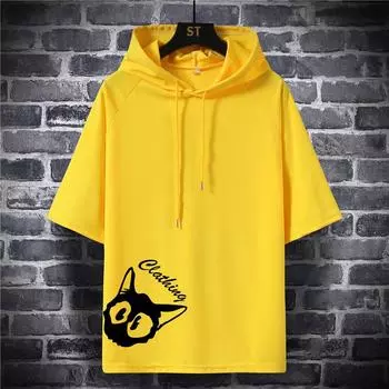 Мужская футболка на весну и лето с коротким рукавом и половиной рукава с принтом, мужские повседневные свободные топы, уличная одежда с капюшоном, большие размеры M