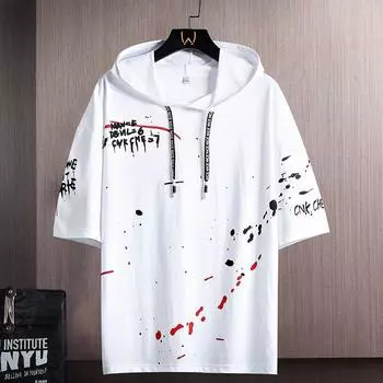 Мужская футболка на весну и лето с коротким рукавом и половиной рукава с принтом, мужские повседневные свободные топы, уличная одежда с капюшоном, большие размеры XXXL белый