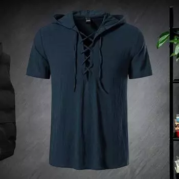 Мужская футболка однотонная на шнуровке с V-образным вырезом и капюшоном с короткими рукавами, мягкий тонкий пуловер M хаки