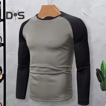 Мужская футболка осень-весна с круглым вырезом, в цвет лоскутного кроя, облегающая, эластичная, с длинным рукавом, тонкая, мужская спортивная повседневная футболка 2XL чёрный