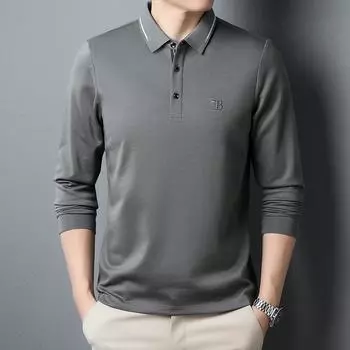 Мужская футболка, осенняя новая корейская версия молодежной свободной повседневной однотонной хлопковой футболки с длинным рукавом с лацканами для мужчин M