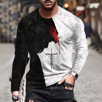 Мужская футболка осенняя с длинным рукавом с рисунком льва, повседневная одежда с круглым вырезом, большой размер, пуловер с крестообразным принтом, осенняя мужская футболка S