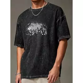 Мужская футболка оверсайз с графикой лунного кролика, повседневный уличный стиль, утолщенный качественный хлопок, короткий рукав S