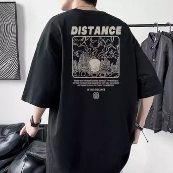Мужская футболка оверсайз с заниженной линией плеча и принтом «Расстояние» из 100% хлопка, уличная одежда 4XL