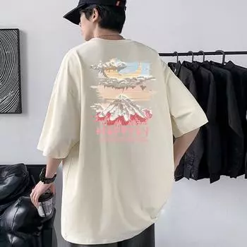Мужская футболка оверсайз с заниженной линией плеча «Гора Фудзи» 100% хлопок уличная футболка 4XL