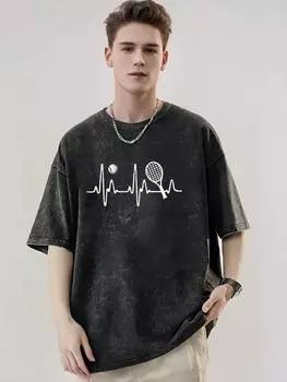 Мужская футболка оверсайз в стиле стритвир - Графический принт Сердцебиение теннисной ракетки , Тяжелый 100% хлопок, Спущенное плечо S