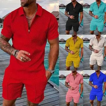 Мужская футболка-поло на молнии с V-образным вырезом и короткими рукавами, топы + шорты, спортивный костюм, спортивный костюм S красный