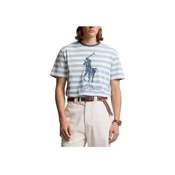 Мужская футболка Polo Ralph Lauren с принтом логотипа в виде букв, в полоску, с круглым вырезом и короткими рукавами, синяя 710941840-001 L