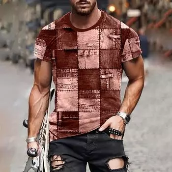 Мужская футболка с 3D цифровым лоскутным графическим принтом и коротким рукавом, удобные повседневные эластичные мужские футболки с круглым вырезом для активного отдыха 5XL