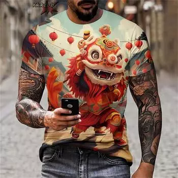 Мужская футболка с 3D-принтом дракона и льва, китайская футболка, модная футболка для мужчин, повседневные уличные футболки больших размеров XXS