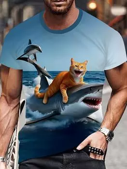 Мужская футболка с 3D-принтом «Кот и акула», повседневная футболка из полиэстера с круглым вырезом, слегка эластичный трикотаж, летний топ стандартного кроя для активного отдыха S